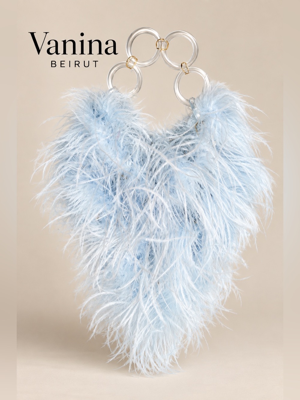 Vanina Beirut Light Blue Ostrich Feather Acrylic Ring Evening Bag